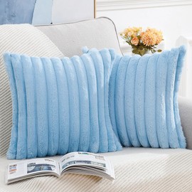 Madizz Set of 2 Faux Fur Plush Decorative Throw Pillow Covers 16x16 inch, 40x40 cm, Light Blue Fluffy Striped Soft Decorative Cushion Cover for Sofa Bedroom Pillow Shell