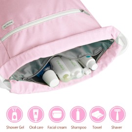 BAVELOE Drawstring Backpack with Wet Pocket & Shoe Compartment, Water-Resistant Sports Gym Swim String Bag for Women Men (Pink)