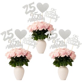Gyufise 12Pcs 25th Anniversary Centerpiece Sticks Double Sided Gold Glitter Heart 25 Silver Wedding Anniversary Table Flower Centerpieces for Cheers to 25 Years Blessed & Loved Wedding Party Supplies