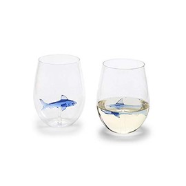Two's Company Great White Shark Stemless Wine Glass - Funny Aerating Cup Holds 20 Ounces, Decorative Barware