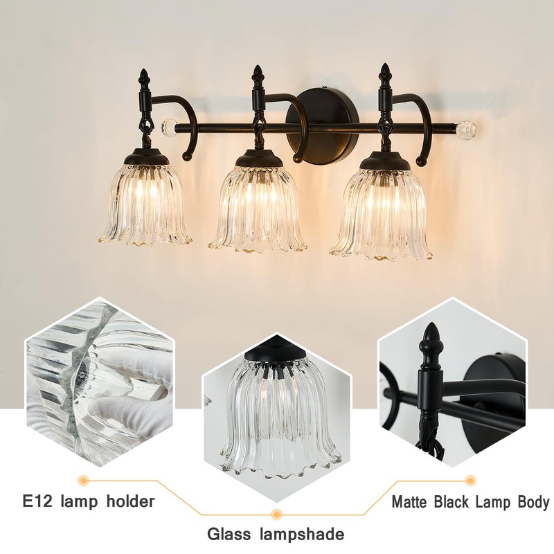 CVKASH 3-Light Bathroom Vanity Light Fixtures Over Mirror,Black Modern Vanity
