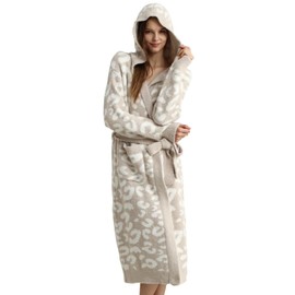 MH MYLUNE HOME Ultra Soft Robe With Pockets, Spa Bathrobe Loungewear Calf-Length, Plush Fuzzy Fluffy Wrap Robe for Women, Women's Robes, Hooded Leopard Khaki