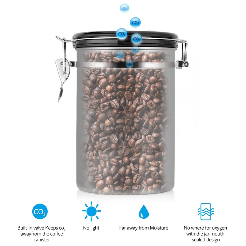 Coffee Container Large Airtight Stainless Steel Black Kitchen Storage Canister(Silver