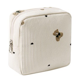 RSRSLEII Cute Mini Corduroy Zipper Makeup Bag for Purse, Coquette Aesthetic Pouch with Bear Pattern for Women Girls,Key Pocket Lipstick Bag Card Holder Data Cable Organizer(02Biege Bear)