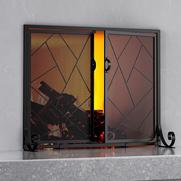 Fire Beauty Fireplace Screen with Hinged Doors Cast Iron Border