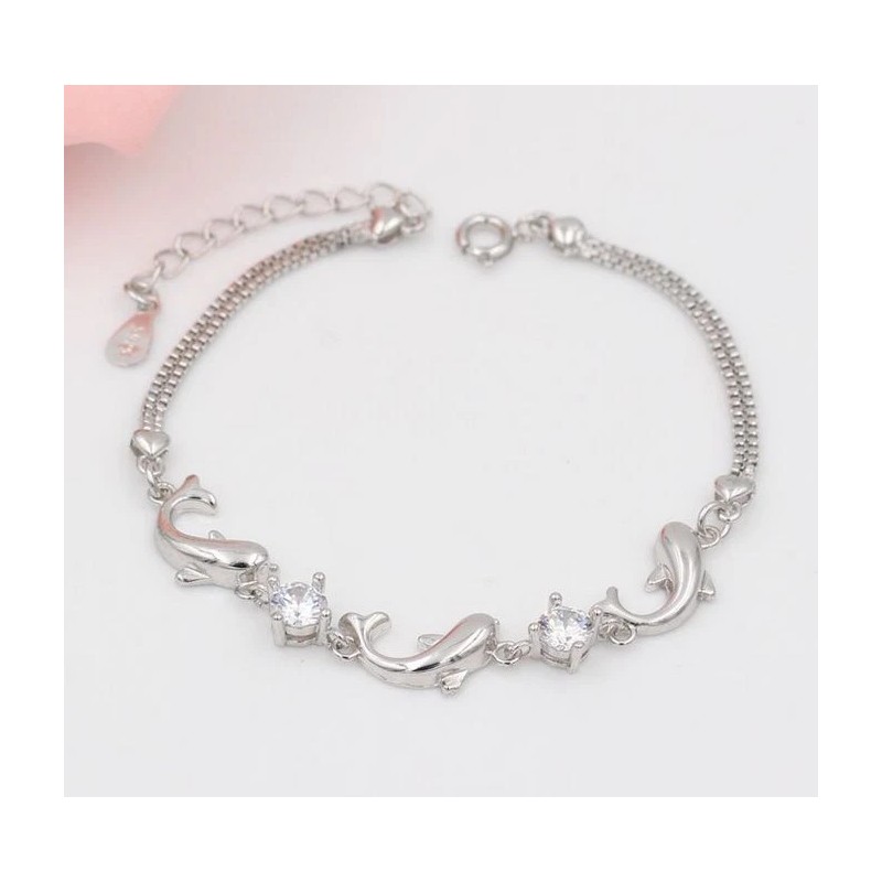 Women Sterling Silver Bracelet Dolphin Link Cubic Zirconia Crystal Gift