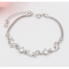 Women Sterling Silver Bracelet Dolphin Link Cubic Zirconia Crystal Gift Box AC