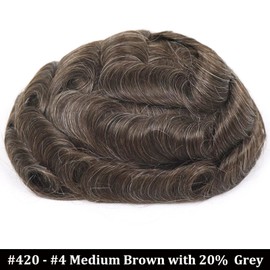 Toupee for Men Human Hair System Piece 0.06mm V Looped Ultra Thin Skin Mens Toupee Invisible Hairline Hairpieces for Male Man Hair Patch Replacement Wigs #4 Medium Brown with 20% Grey 8x10inch