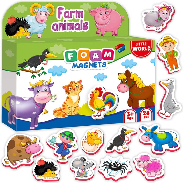 Little World Foam Refrigerator Magnets for Toddlers Age 1 - Fridge Magnets for Kids – Large Baby Magnets Toy – Set of 28 Magnetic Animals for Toddler Learning – Safe Kids Magnets for 2 3 Year Old