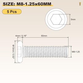 METALLIXITY Flat Head Hex Socket Cap Screws Bolts(M8-1.25x60) 5Pcs, Steel Hex Socket Furniture Bolts Countersunk Screws - for Furniture Woodworking Project, Yellow