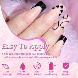 EternalClassic Black French Tip Press on Nails Long Square, Matte Press on Nails Full Cover Fake Nails with Heart Design, Acrylic False Nails Press ons 150 Pcs Nude Pink Stick on Nails for Women