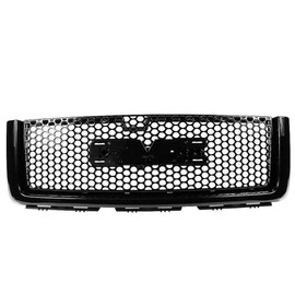 Grille Compatible With 2007-2013 GMC Sierra 1500 Denali | ABS Plastic Gloss Black Front Bumper Upper Hood Grill By IKON MOTORSPORTS | 2008 2009 2010 2011 2012