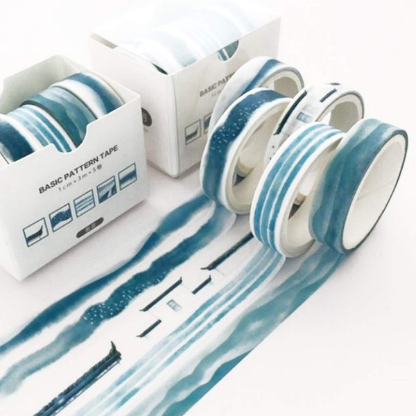 Japanese Style Pattern Washi Tape, 5 Rolls, Creativity, Masking Tape Set, Women's Style Washi Tape, Packaging, DIY Crafts (Dark Blue)