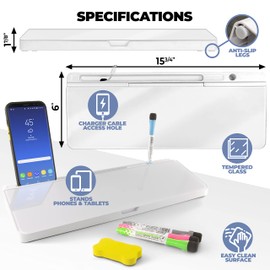 Desktop Whiteboard - Glass Dry Erase White Board - Desk Computer Buddy – Home Office & Studying Essentials - with Phone & Tablet Slot, Storage Compartment - Includes 4 Markers, 1 Eraser (2 Pack)