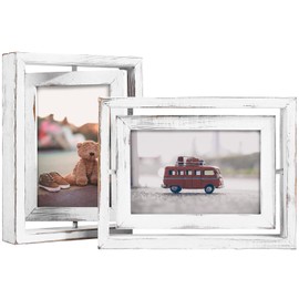Egofine 2 Pack 4x6 Rotating Floating Picture Frames,Double-Sided Display with HD Glass Front Wooden Distressed Frame for Vertical or Horizontal Tabletop Display, White