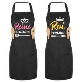 Halinuia Küchenschürze, 2 Stück, personalisierbar, wasserdicht, verstellbar, mit 2 Taschen für Frauen und Männer, Geschenk für Paare, für Hochzeit, Valentinstag, Vatertag, Muttertag, Schwarz , 65 x 75