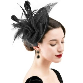 Women Ladies Fascinator Hat Feather Mesh Flower Wedding Party Hat Derby Hat with Clip and Hairband Retro Cocktail Tea Bridal Church Fascinator Head Piece Headwear Black