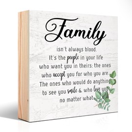 PUVOXHO Family isn't Always Blood it's The People in Your Life Wooden Sign Desk Decor, for Home Farmhouse Bedroom Office Social Worker Desk Decor, Thank You Gifts for Family Mom Dad Grandma Grandpa