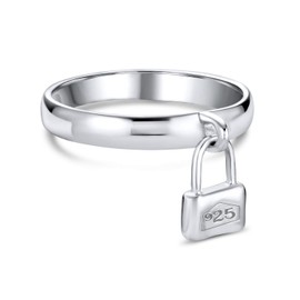 Personalized Dangle Charm Pad Lock Ring For Women Girlfriend .925 Sterling Silver Polished 1MM Band Custom Engraved