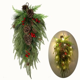 2024 Upgraded 27.6inch Prelit Christmas Teardrop Swag Norfolk Pine Swags Christmas Wreaths with Lights Greenery Stairway Swag Christmas Staircase Decorations for Door Indoor Outdoor Home Hanging Decor
