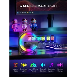 Smiling Shark Wake Up Light, Atmosphere Desk Light with 15W Wireless Charger & Bluetooth Speaker Button Control 10 Light Mode Sunrise Simulation Alarm Clock Smart for Home Decor Bedroom