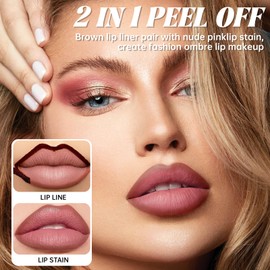 Noerrors Peel Off Lip Liner and Lip Stain Set, Matte Lip Combo Set Brown Lips Liners Nude Pink Lip Tint for Gradient Plumping Big Lips Long Lasting Waterproof Liquid Tattoo Lip Gloss Kit Makeup