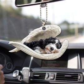Talataca Aussiedoodle Sleeping Angel Wing Memorial Dog 2D Flat Car Rear View Mirror Accessories Christmas Tree Ornament Decoration Hanging Charm Interior Rearview Pendant Decor Gift