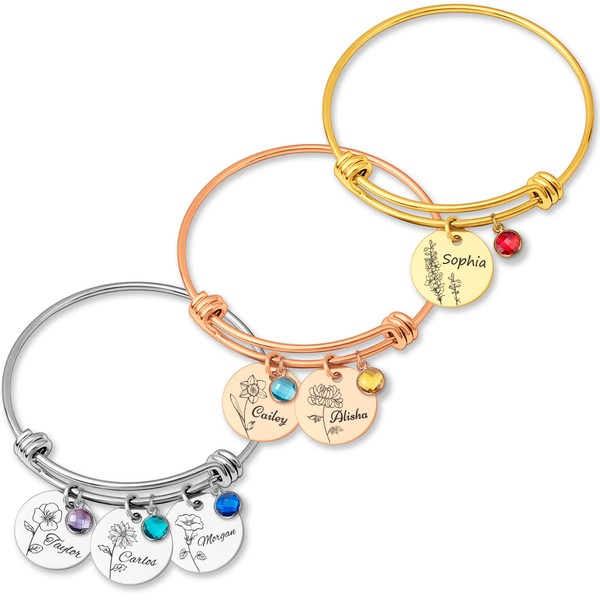 Anavia 1/2/3/4 Disc Birthmonth Flower Bangle Bracelet, Personalized Name Engraved