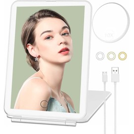 Espejo Cosmético De Viaje Plegable LED,Pequeño Espejo Con Función De Aumento De 10x,Luz De Intensidad Ajustable De 3 Colores,Interruptor De Pantalla Táctil, Recargable Por USB,Regalos Para Mujeres