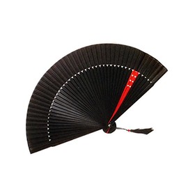 Silk Fan, Black Dyed, Large Short, Silk Modern Two Tone Bamboo Fan, with Tufts and Fan Bag (Red)