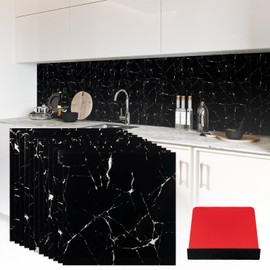 Peel and Stick Backsplash Tile – 12-Pack 11.8"x11.8" Black Marble Look, Self-Adhesive Waterproof Wall Panels for Kitchen, Bathroom, and RVs, Grout-Free with Scraper Tool by KIJOU