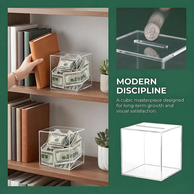 Clear Acrylic Money Box, 12X12X12cm Square Money Saving Box, Unopenable