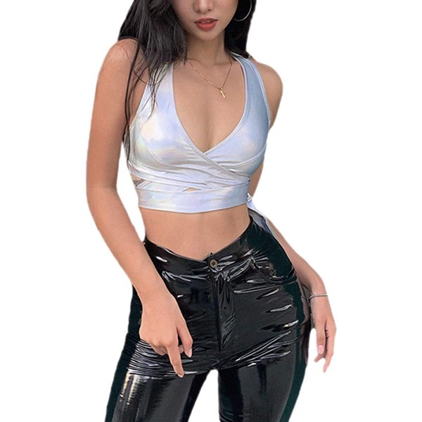 Mocure Womens Metallic PU Leather Crop Tops Backless Strappy Criss