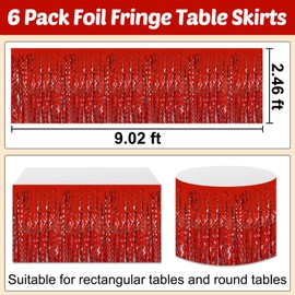 6 Pack 29x108 Inch Red Wave Foil Fringe Table Skirts Metallic Banner for Tinsel Streamer Garland Backdrop for Parade Floats Mother's, Graduate, Mardi Gras, Birthday, Wedding Party Decorations