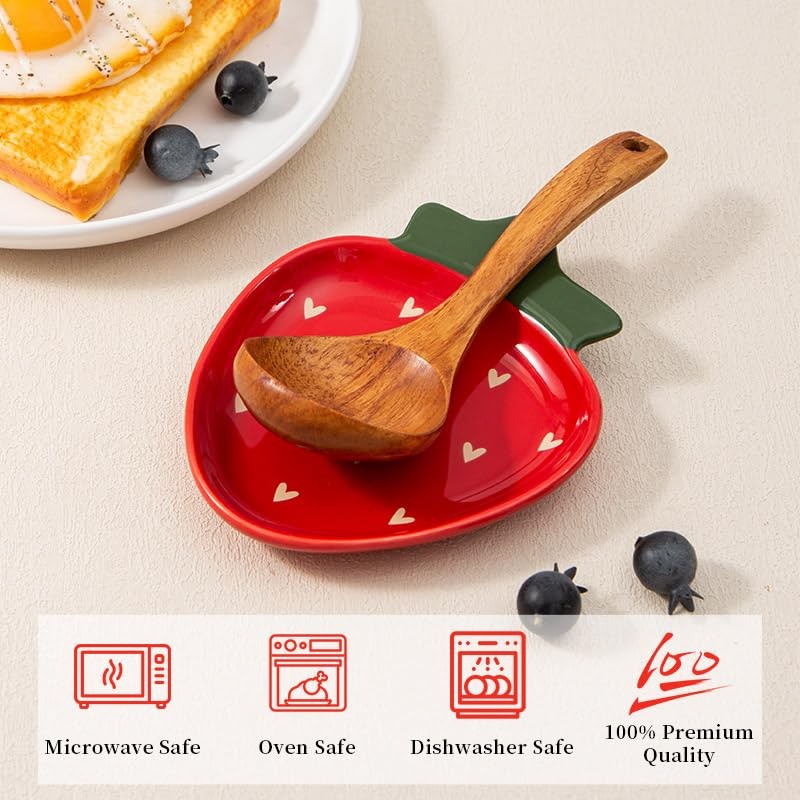 YumiPLUS Ceramic Strawberry Spoon Rest, Red Utensil Holder, Cute Spatula