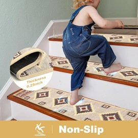 LOKHOM Carpet Stair Treads Non-Slip, 15 Pack 8" X 30" Stair Treads for Wooden Steps Indoor, Self Edging Stair Rugs Runner Stairway Carpet with Reusable Adhesive for Kids Elders and Pets, Beige Brown