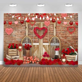 Caheansi 10x8 ft Happy Valentine Mother's Day Backdrop Brick Wall Wood Door and Red Rose Flower Love Heart Photography Background Valentines Day Party Decor Banner Photo Booth Props