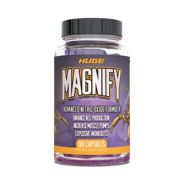 Huge Supplements Magnify, Pump Pills & Nitric Oxide Supplement, Scientifically Based Ingredients for Intense Muscle Pumps, Increase Vasodilation & Explosive Workouts (180 Capsules)