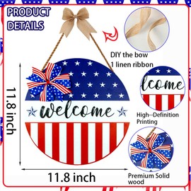4th of July Independence Day Wreath Patriotic Stars Sign American Fourth of July Hanger Welcome Front for Door Decor 13 Inch Memorial Day Door Sign for Porch Home Wall Outdoor Decorations