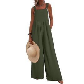 Dokotoo Womens Casual Loose Overalls One Piece Sleeveless Jumpsuits for Women Stretchy Wide Leg Loose Fit Adjustable Straps Long Pant Rompers Jumpsuit with Pockets Small Jungle Green