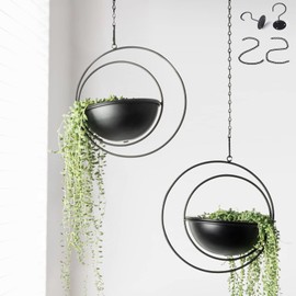 Hajia 2 Pack Moon Shaped Hanging Plant Holder with 8 Inch Detachable Pot, Black Metal Plant Hanger for Indoor Outdoor, Minimalist Hanging Planter for Wall Ceiling Decor.(with Drainage Holes)