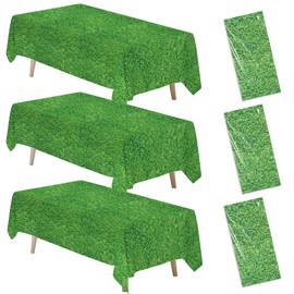 FVABO Green Grass Tablecloth, 3pcs Disposable Grass Party Tablecover for Jungle Animal Safari, Golf Birthday, Dinosaur, Garden Parties, BBQs, Picnic
