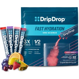 DripDrop Hydration Packets - Juicy Variety Pack - Single Serve Electrolytes Powder Drink Mix - Grape, Fruit Punch, Strawberry Lemonade, Cherry - Non-GMO, Gluten Free, Vegan - 32 Sticks
