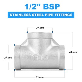 ERGAOBOY Pack of 2 Stainless Steel T Pipe Fittings, 1/2 Inch x 1/2 Inch x 1/2 Inch BSP Pipe Fittings with Internal Thread