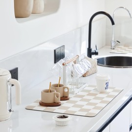 Ohocut Checkered Dish Drying Mat for Kitchen Counter, Coffee Bar, Coffee Station Accessories, Retro Aesthetic Cute Absorbent Coffee Mat Kitchen Drying Mat Easy Clean, Beige 12" x 19"