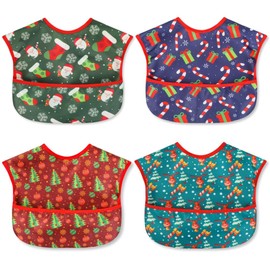 norinori Baby bibs Waterproof Feeding bib Christmas Day - Starter Bib with Catcher Pocket For Todder Infants Washable Soft 4Pac 6-24M