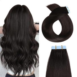 YILITE Tape in Hair Extensions Human Hair 20Pcs Skin Weft Remy Hair #1B Natural Black - Size: 18 Inch （Pack of 20)