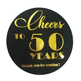 Cheers to 50 Years Birthday&Anniversary Black & Real Gold Foil Birthday Party Stickers - Set of 100, 1.6" Round,50th Anniversary Decor Stickers, Party Labels for 50th Birthday (50th)