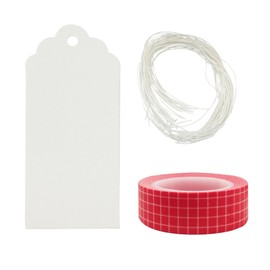 Wrapables 50 White Scallop Gift Tags/Kraft Hang Tags with Free Cut String & 1 Red Tiles Washi Roll for Gifts, Crafts, & Price Tags