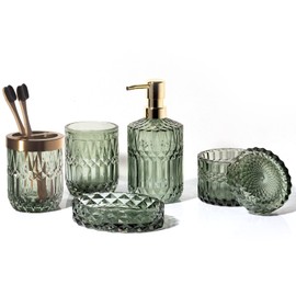 EMPO 6PCS Bathroom Clear Glass Accessories Set (Lotion Soap Dispenser, Soap Dish, Toothbrush Holder, Tumbler, Cotton Swab Jar), Contemporary Modern Decor Crystal Vintage Gift (6pcs Green)